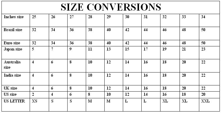 Clothing Size Conversion Chart Brazil Usa